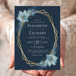 Dusty Blue Floral Navy Gold Winter Wedding Einladung