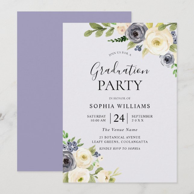 Dusty Blue Floral Navy Graduation Party Einladung (Vorne/Hinten)