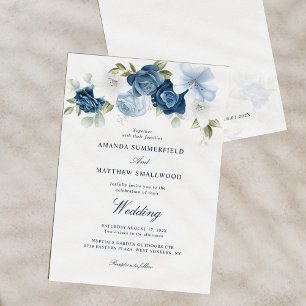 Dusty Blue Floral Navy Script Hochzeit Einladung