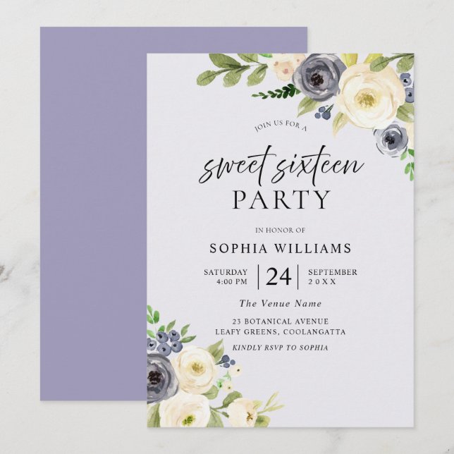 Dusty Blue Floral Navy Sweet 16 Party Einladung (Vorne/Hinten)