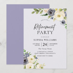Dusty Blue Floral Navy Watercolor Retirement Party Einladung