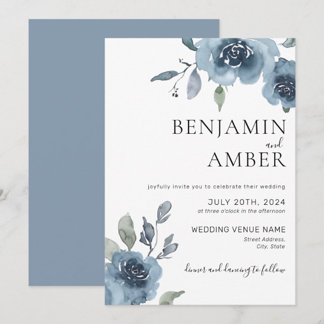 Dusty Blue Floral Pastel Boho Minimalistisch Weddi Einladung (Vorne/Hinten)
