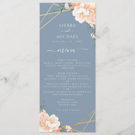 Dusty Blue Floral Peach Gold Hochzeit Empfang Menükarte