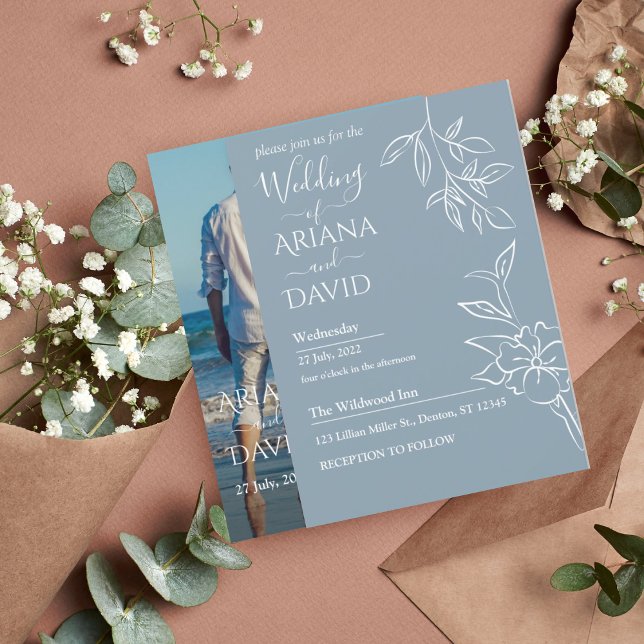 Dusty Blue Floral Photo Wedding Invitation Einladung (Von Creator hochgeladen)