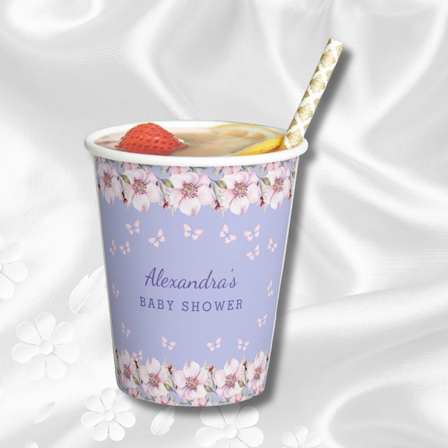 Dusty Blue Floral Pink Butterfly Babydusche Pappbecher (Von Creator hochgeladen)