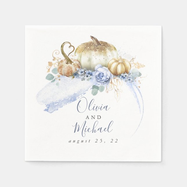 Dusty Blue Floral Pumpkins Niedlich Fall Party Serviette (Vorderseite)