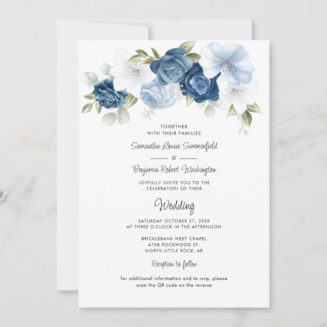 Dusty Blue Floral QR Code bei einer Hochzeit Einladung (Vorderseite)