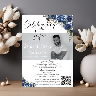 Dusty Blue Floral QR Code Memorial Foto Beerdigung Einladung