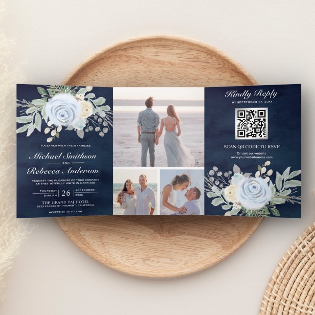 Dusty Blue Floral QR Code Navy Hochzeit Dreifach Gefaltete Einladung (Von Creator hochgeladen)