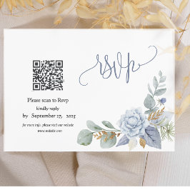 Dusty Blue Floral QR Code RSVP Card Karte