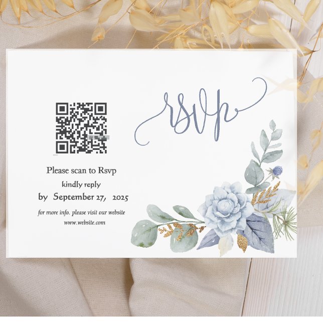 Dusty Blue Floral QR Code RSVP Card Karte (Von Creator hochgeladen)