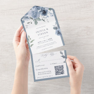 Dusty Blue Floral QR Code Tout en une invitation