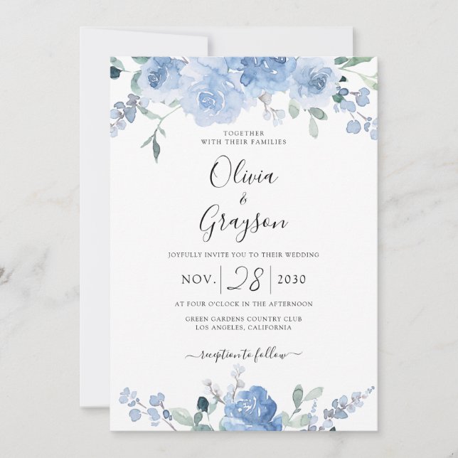 Dusty Blue Floral QR Code UAWG alle in einer Hochz Einladung (Vorderseite)