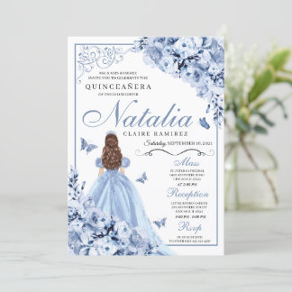 Dusty Blue Floral Quinceanera Birthday Einladung