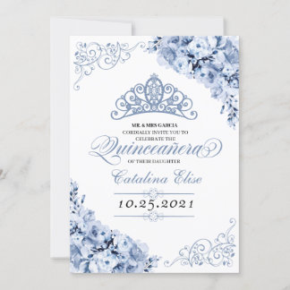 Dusty Blue Floral Quinceanera Birthday Einladung