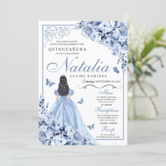 Dusty Blue Floral Quinceanera Birthday Einladung