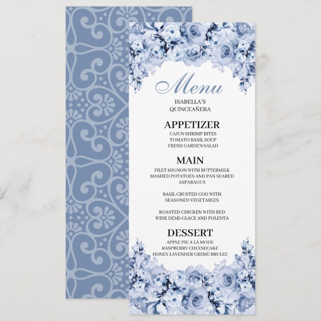 Dusty Blue Floral Quinceanera Menu Invitation (Devant / Derrière)
