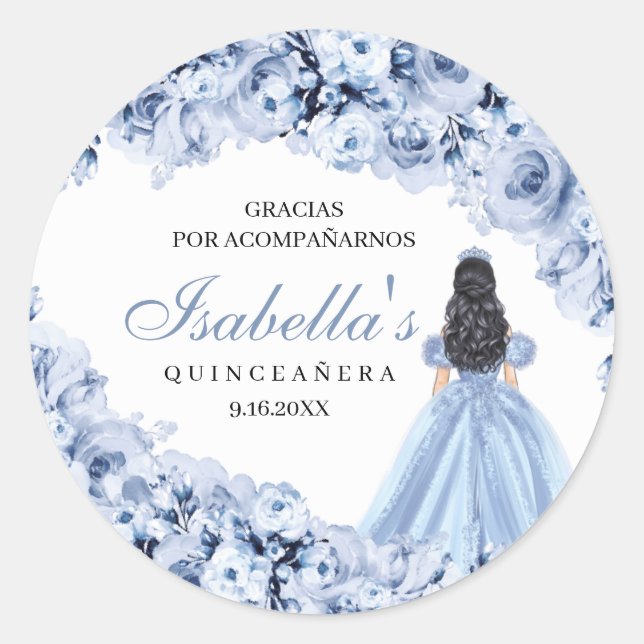 Dusty Blue Floral Quinceanera Round Stickers (Vorderseite)