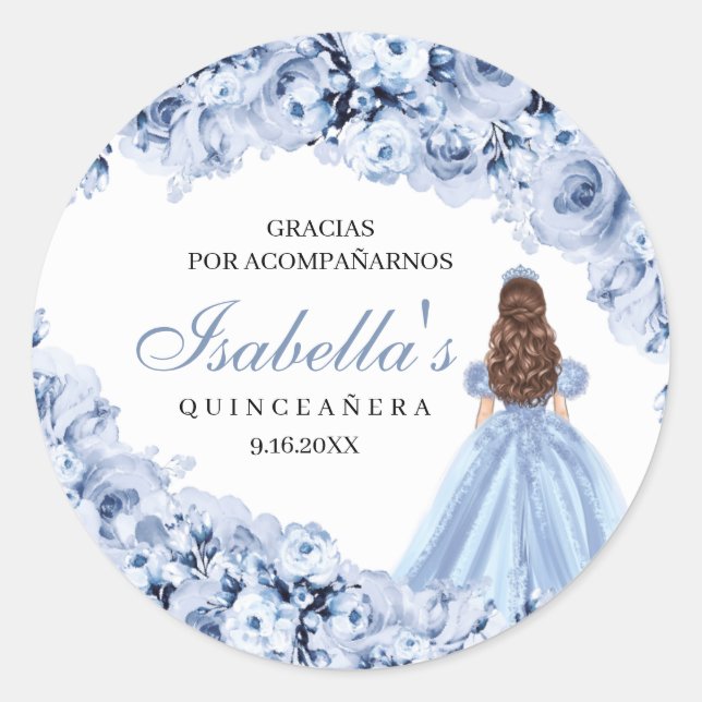 Dusty Blue Floral Quinceanera Round Stickers (Vorderseite)