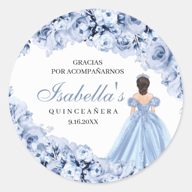 Dusty Blue Floral Quinceanera Round Stickers (Vorderseite)