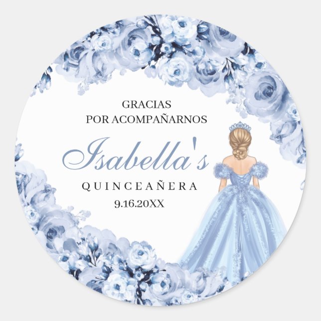 Dusty Blue Floral Quinceanera Round Stickers (Vorderseite)