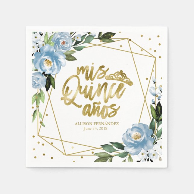 Dusty Blue Floral Quinceanera Serviette (Vorderseite)