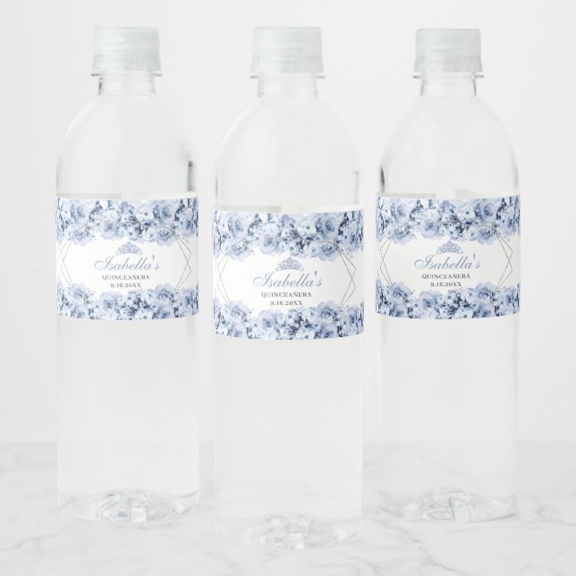 Dusty Blue Floral Quinceanera Wasser Flasche Etike (Flaschen)