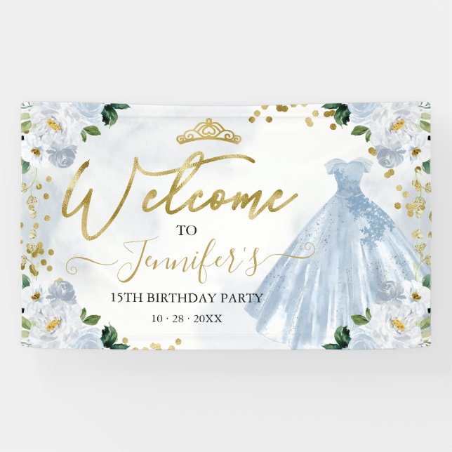 Dusty Blue Floral Quinceanera Willkommen Banner (Horizontal)