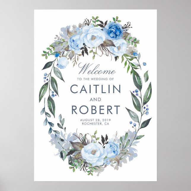 Dusty Blue Floral Romantic Wedding Willkommen Poster (Vorne)