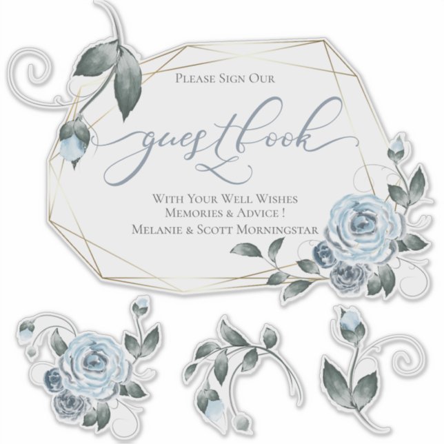 Dusty Blue Floral Rose DIY Gästebuchaufkleber Aufkleber (Vorderseite)