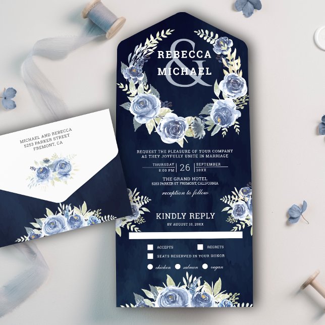Dusty Blue Floral Rose Garland Navy Blue Wedding All In One Einladung (Von Creator hochgeladen)