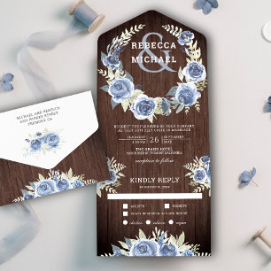 Dusty Blue Floral Rose Garland Rustic Wood Wedding All In One Einladung