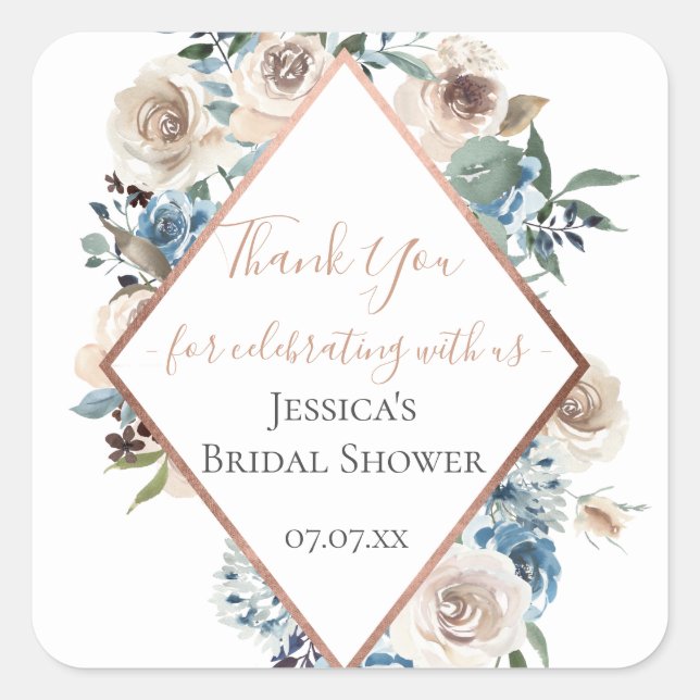Dusty Blue Floral Rose Gold Personalisiert Quadratischer Aufkleber (Vorderseite)