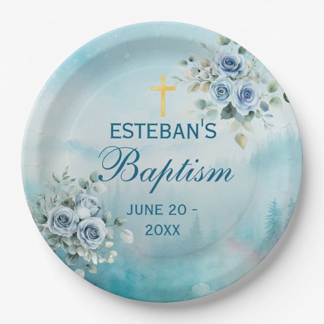 Dusty Blue Floral Rose Pappteller (Vorderseite)