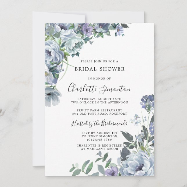 Dusty Blue Floral Rustic Bridal Shower Invitation (Devant)