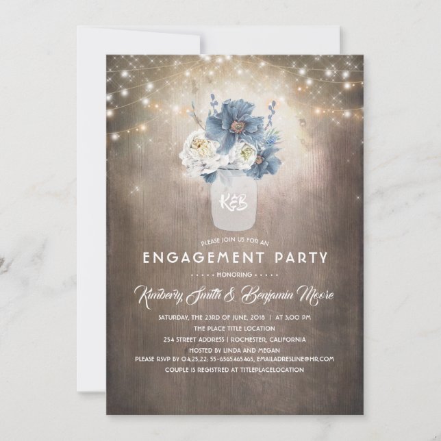 Dusty Blue Floral Rustic Country Engagement Party Einladung (Vorderseite)