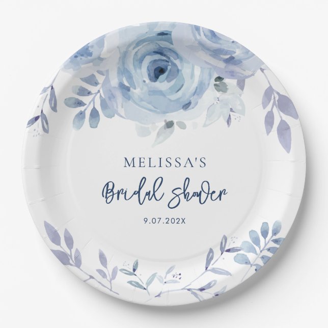 Dusty Blue Floral Rustic Script Brautparty Pappteller (Vorderseite)