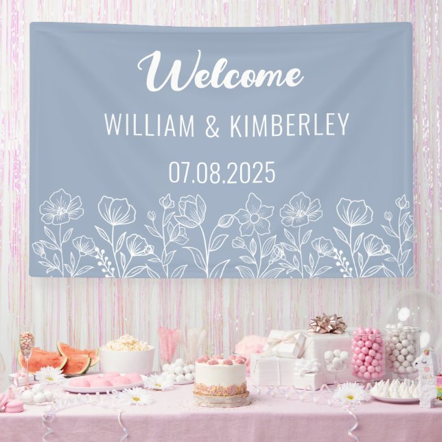 Dusty Blue Floral Rustic Simple Modern Wedding Banner (Party)