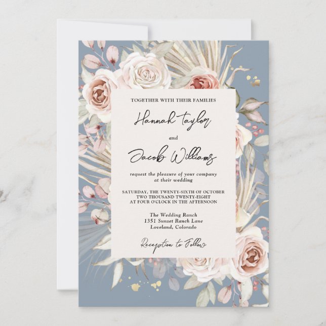 Dusty Blue Floral Rustic Wedding Einladung (Vorderseite)