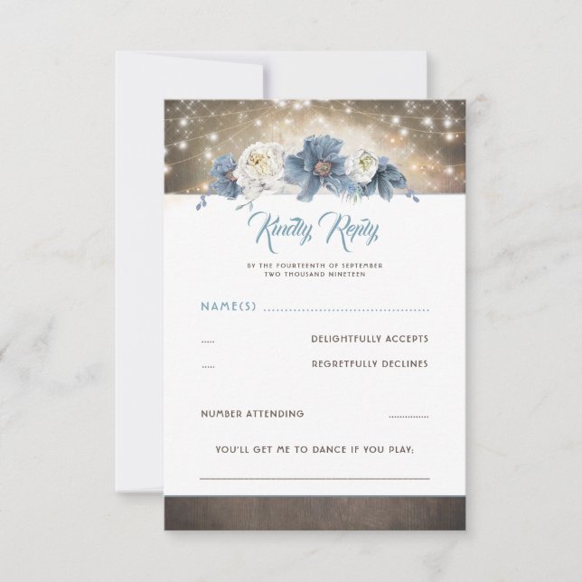 Dusty Blue Floral Rustic Wedding RSVP (Vorderseite)