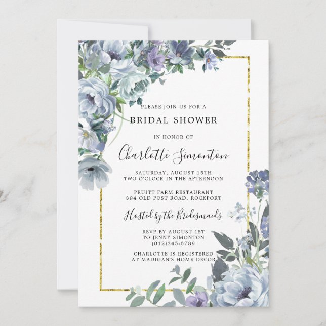 Dusty Blue Floral Rustikales Brautparty Einladung (Vorderseite)