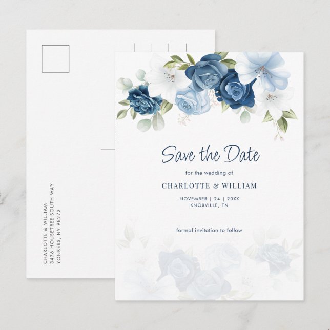 Dusty Blue Floral Save the Date Ankündigungspostkarte (Vorne/Hinten)