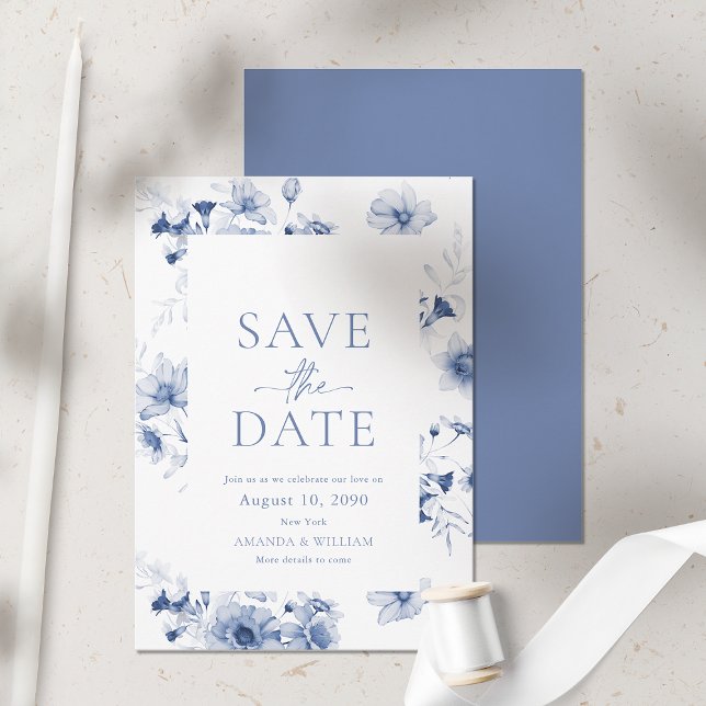 Dusty Blue Floral Save the Date Card Einladung (Von Creator hochgeladen)