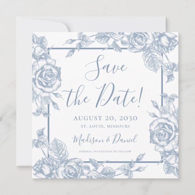 Dusty Blue Floral Save the Date Einladung (Vorderseite)