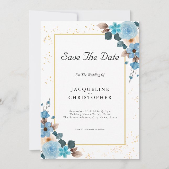 Dusty Blue Floral Save the Date Hochzeitseinladung Einladung (Vorderseite)