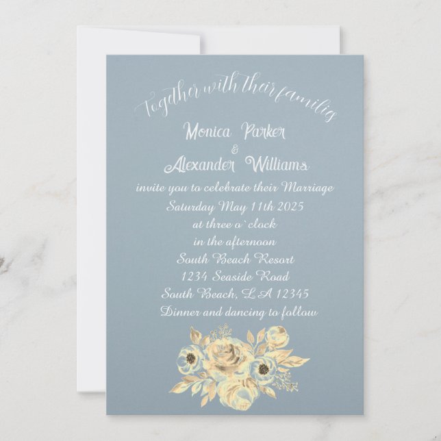 Dusty Blue Floral Script Elegant Boho Einladung (Vorderseite)