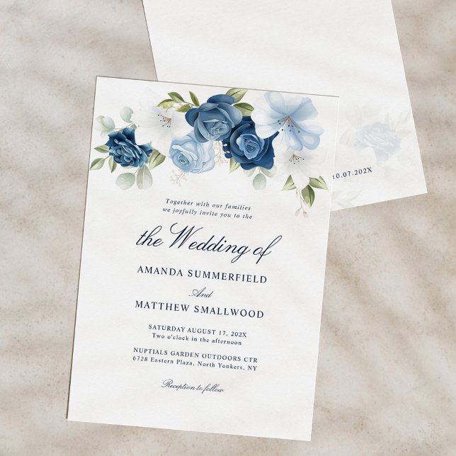 Dusty Blue Floral Script Elegante Wedding Einladung (Watercolor Dusty Blue Floral Script Wedding Invitation)