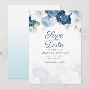 Dusty Blue Floral Script Watercolor Bloom Wedding Save The Date