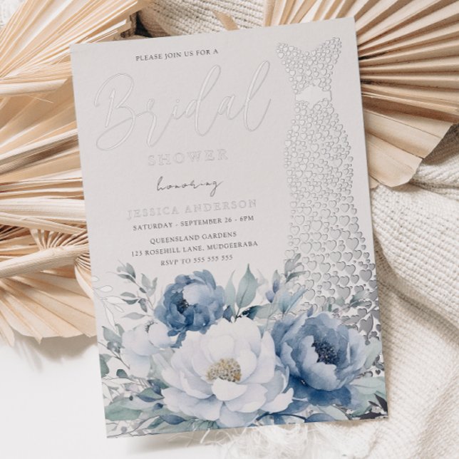 Dusty Blue Floral Silver Foil Dress Brautparty Folieneinladung (Von Creator hochgeladen)