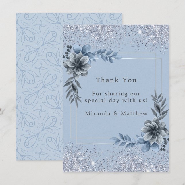 Dusty Blue Floral Silver Glitzer Hochzeit Vielen D Einladung (Vorne/Hinten)